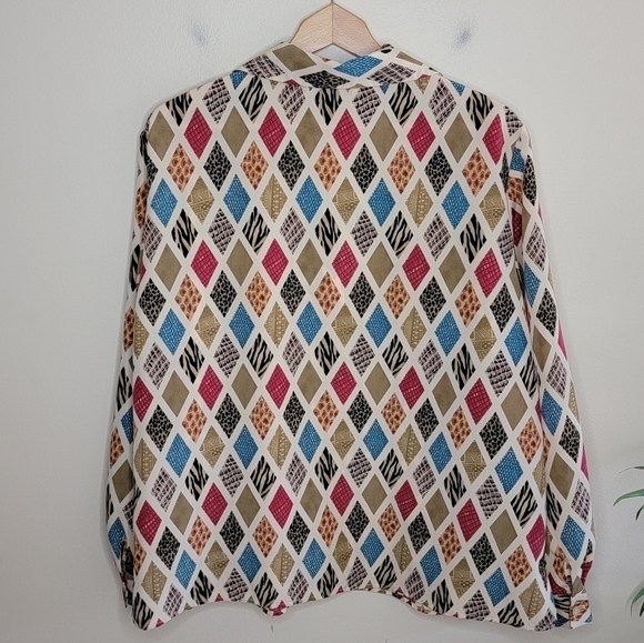 Vintage Joan Leslie Mixed Print Diamond Button Front Long Sleeve Blouse Size 18 - Picture 3 of 5